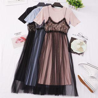 Set: Short-sleeve T-shirt Midi Dress + Spaghetti Strap Sequined Mesh Dress