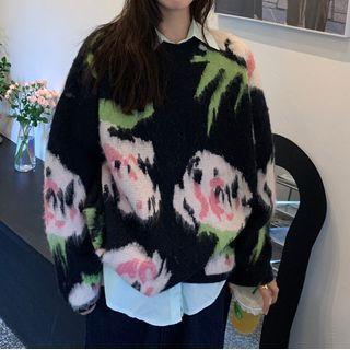 Flower Print Sweater White Flowers - Black - One Size