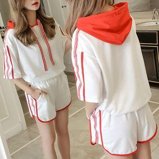Set: Drawstring Hooded Elbow-sleeve T-shirt + Sweat Shorts