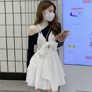 Tie-shoulder Bow-front Mini A-line Dress / Long-sleeve One-shoulder Plain T-shirt