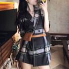 Elbow-sleeve Double-breast Plaid Coat Dress