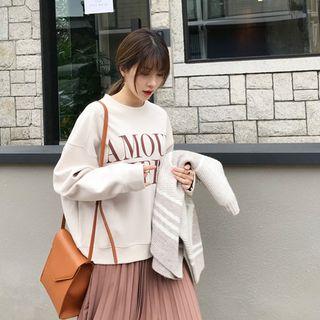 Drop-shoulder Letter Print Sweatshirt Light Beige - One Size