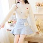 Set: Flower Applique Sweater + Plaid Ruffle Mini Skirt