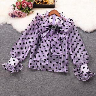 Set: Puff-sleeve Tie-neck Dotted Ruffled Blouse + Camisole