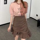 Elbow-sleeve Lettering T-shirt / Ruffle Hem Mini A-line Skirt