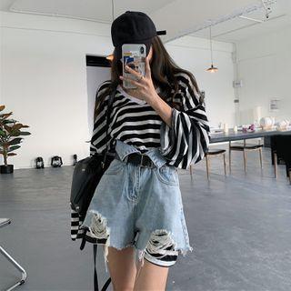 Long-sleeve Striped T-shirt / Denim Shorts