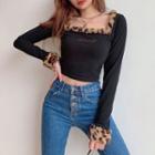 Long-sleeve Fluffy Leopard Print Trim Lettering Embroidered Crop Top