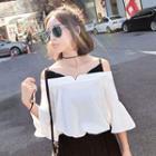 Mock Two Piece Off Shoulder 3/4 Sleeve Chiffon Blouse