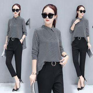 Set: Striped Long-sleeve Blouse + Dress Pants