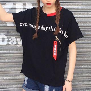 Zip Detail Contrast Letter Short-sleeve T-shirt