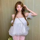 Short-sleeve Off-shoulder Plain Blouse / High-waist Pleated Pants