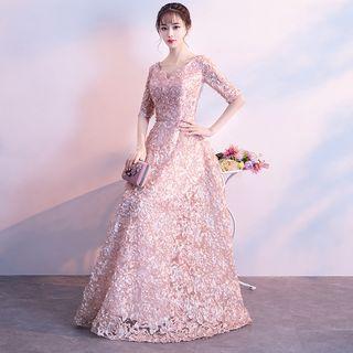 Elbow-sleeve Lace A-line Evening Gown