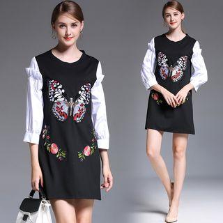 3/4 Sleeve Embroidered Frilled Trim Shift Dress