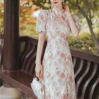 Puff-sleeve Floral Midi Qipao Dress