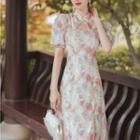 Puff-sleeve Floral Midi Qipao Dress