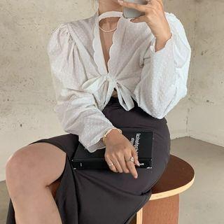 Puff-sleeve Tie-front Dotted Blouse / Midi A-line Skirt