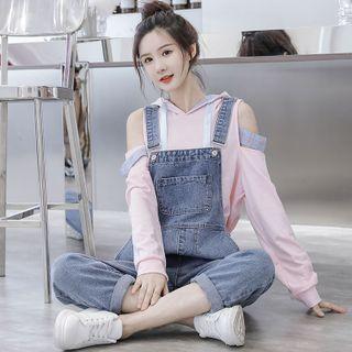 Cropped Straight-fit Denim Dungaree Pants / Cold Shoulder Hoodie / Set