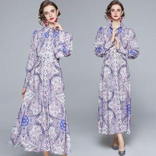 Long-sleeve Printed Maxi Shirtdress