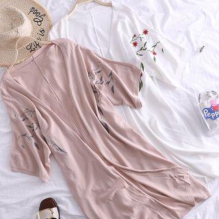 Floral Embroidered Elbow-sleeve Long Cardigan