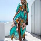 Elbow-sleeve Patterned Maxi Shift Dress