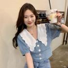 Puff-sleeve Scallop Edge Button-up Blouse