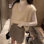 Knit V-neck Vest / Turtleneck Long-sleeve T-shirt / Plaid Mini A-line Skirt