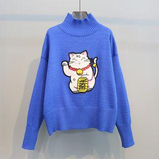 Mock-neck Lucky Cat Embroidery Sweater