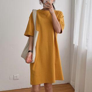 Elbow Sleeve Plain Oversized T-shirt Dress