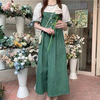 Puff-sleeve Eyelet Top / Midi A-line Overall Dress