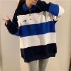 Lettering Embroidered Striped Polo Sweatshirt Blue - One Size