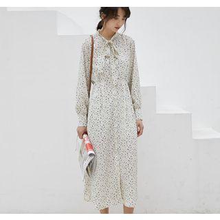 Floral Print Tie-neck Long-sleeve A-line Midi Dress As Shown In Figure - One Size