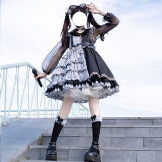 Ruffled Plaid Overall Dress / Body Harness Belt / Arm Sleeves / Headband / Set