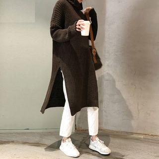 Turtleneck Long Split Sweater Coffee - One Size