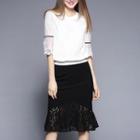 Set: Lace Trim Elbow Sleeve Top + Lace Hem Midi Skirt