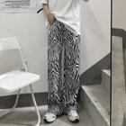 Short-sleeve Plain T-shirt / Zebra Print Wide-leg Pants