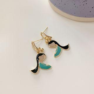 Half-face Drop Earring 1 Pair - 925 Silver - Gold & Black & Green - One Size