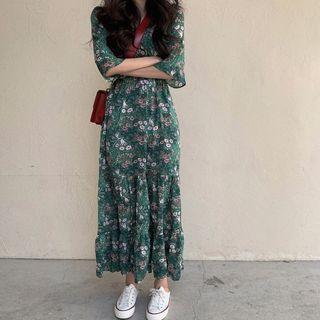 Elbow-sleeve Floral A-line Midi Dress Green - One Size