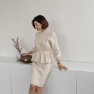 Knit Set: Balloon-sleeve Peplum Top + Midi Skirt