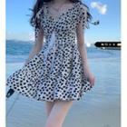 Short-sleeve Lace Top / Heart Printed Strappy Mini Dress