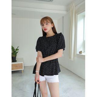 Plus Size Puff-sleeve Tie-waist Patterned Top