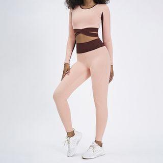 Set: Long-sleeve Cropped Sports Top + High Waist Yoga Pants