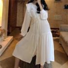 Long-sleeve Lace Paneled Chiffon A-line Midi Dress