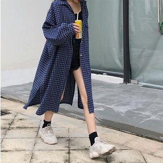 Plaid Midi Split Shirt Dress Blue - One Size