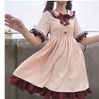 Short-sleeve Color Block Frill Trim A-line Dress Light Beige - One Size