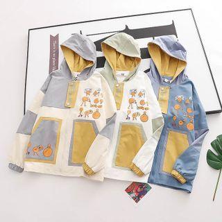 Color Block Cartoon Print Hood Jacket