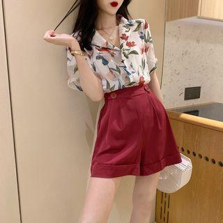 Set: Flower Print Short-sleeve Blouse + High Waist Wide-leg Shorts