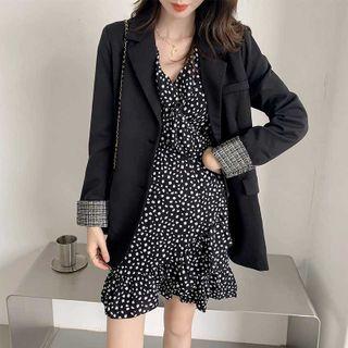 Plain Single-button Blazer / Long-sleeve Dotted Mini A-line Dress / Set
