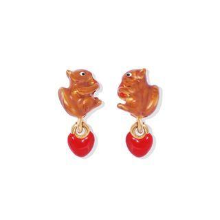Fashion Cute Plated Gold Enamel Squirrel Heart Earrings Golden - One Size