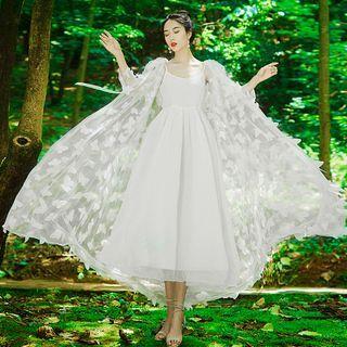 Spaghetti-strap Midi A-line Dress / Hooded Maxi Cape / Set