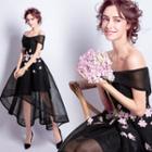 Short-sleeve Off Shoulder Floral High Low Prom Dress